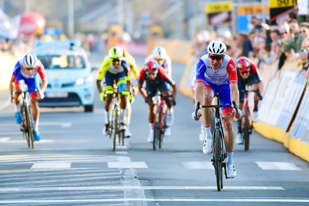 HARELBEKE BELGIUM MARCH 25 Stefan Kng of Switzerland and Team Groupama FDJ crosses the finish line during the 65th E3 Saxo Bank Classic 2022 a 2039km one day race from Harelbeke to Harelbeke E3SaxobankClassic WorldTour on March 25 2022 in Harelbeke Belgium Photo by Tim de WaeleGetty Images