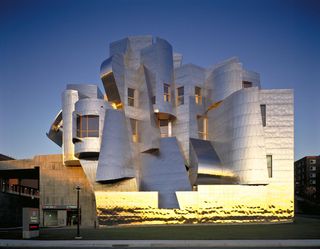 Another of Gehry's key projects is the Frederick R Weisman Art and Teaching Museum in Minneapolis. A large white castle like structure with large windows.