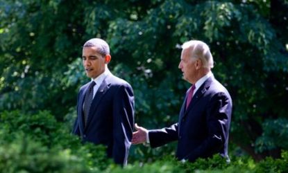 President Obama and Vice President Joe Biden take a walk in the Rose Garden in 2009
