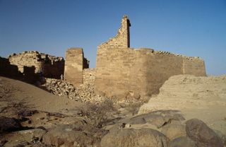 Ruins of the Great Dam on the Wadi Dhana, Ma'rib, Yemen.