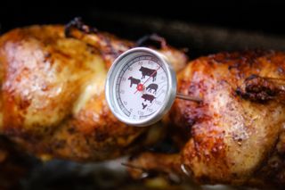 A cooking thermometer showing how to BBQ chicken and other meats