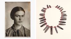 Left, Frida Kahlo, c. 1926. Right, carved obsidian blades strung as a necklace