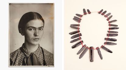 Left, Frida Kahlo, c. 1926. Right, carved obsidian blades strung as a necklace