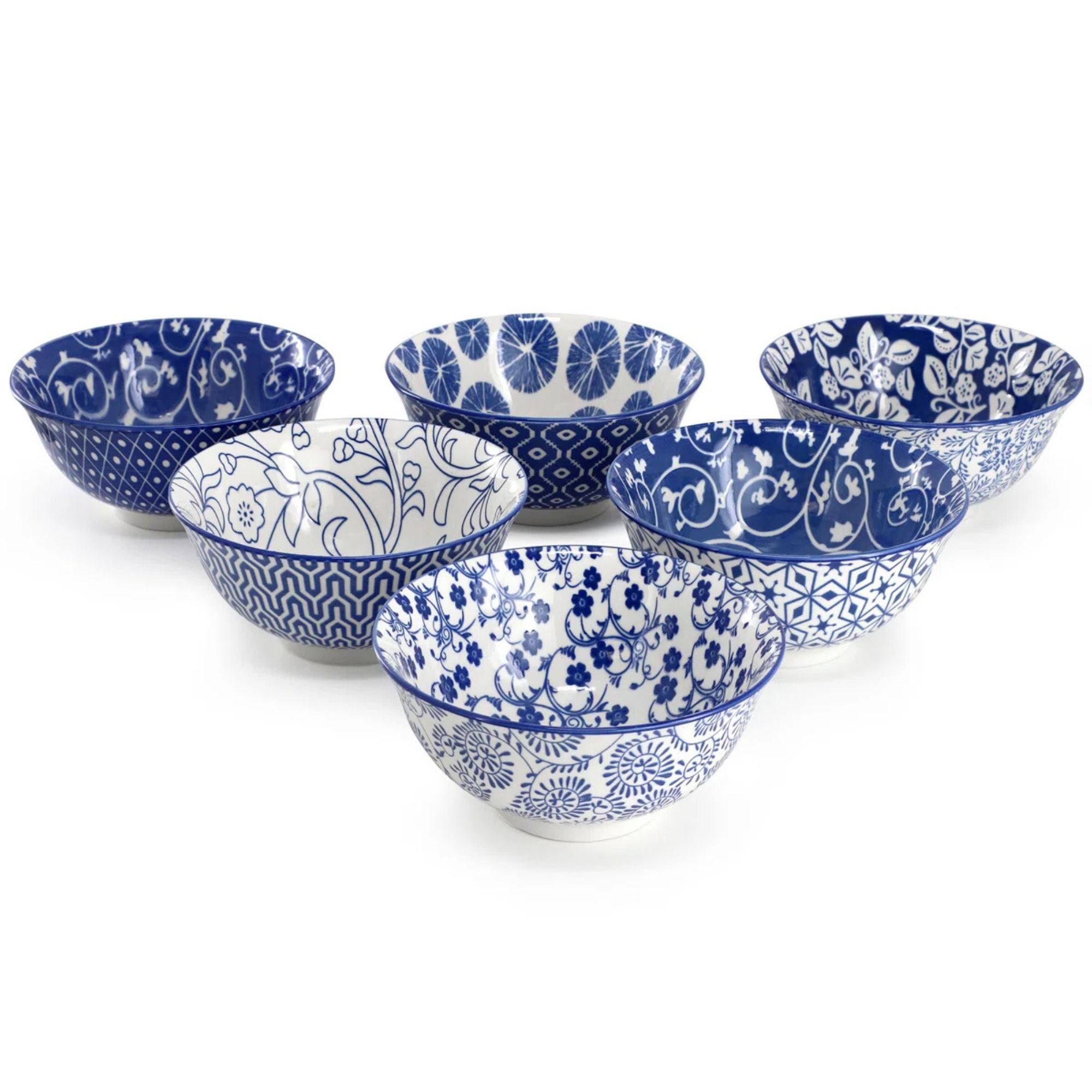 Sublime 6 Piece Assorted Design 20oz Porcelain Footed Bowl Set in Blue By Winston Porter