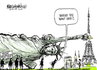 Political cartoon U.S. 2016 election Donald Trump deportation statue of liberty eiffel tower