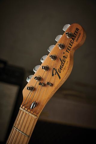 Bullet truss rod nut; two ‘butterfly’ string trees; black with gold outline CBS ‘Fender’ logo and black ‘Telecaster Thinline’ decals, two patent numbers.