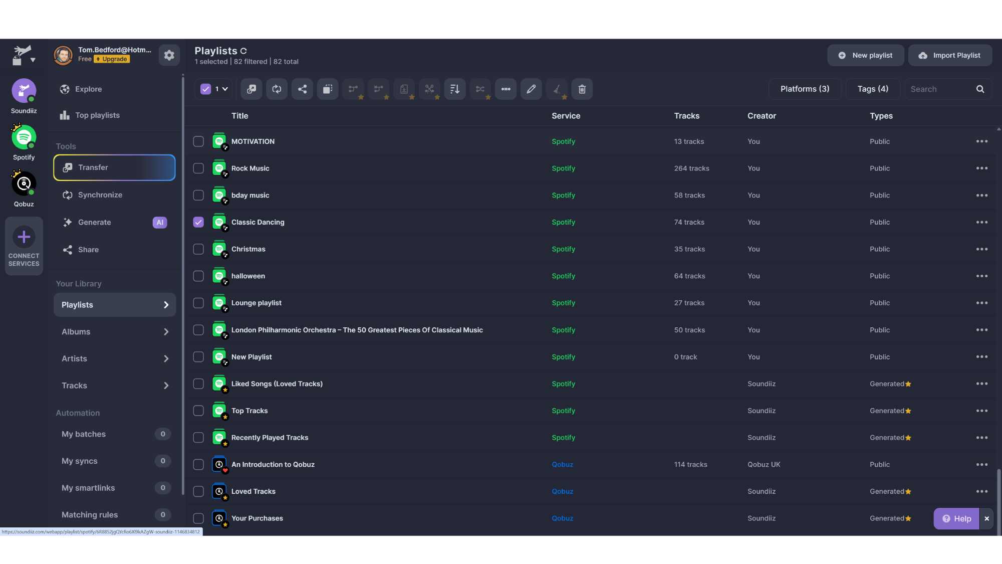 A menu on Soundiiz, converting a Spotify playlist to a Qobuz playlist.