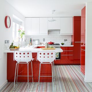 red and white kitchen with striped vinyl floor Style at Home