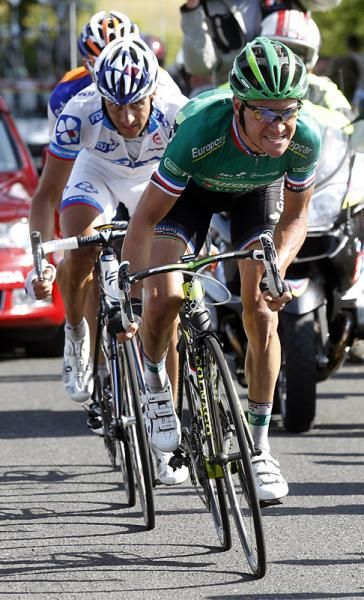 Thomas Voeckler (Europcar) leads Sandy Casar and Luis Leon Sanchez in the closing kilometres of stage nine.