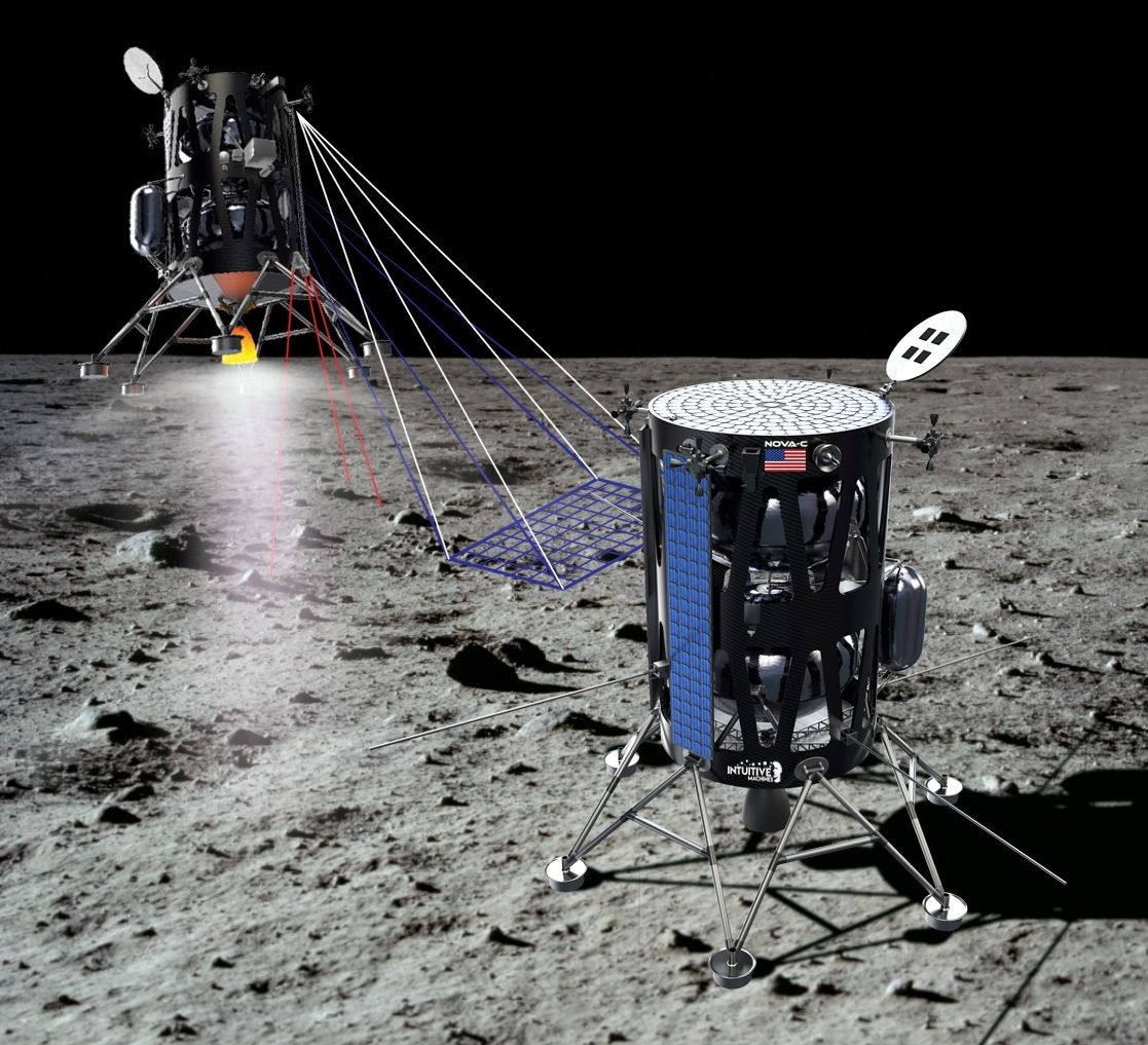 Artist&#039;s illustration of Intuitive Machines&#039; Nova-C lunar lander on the moon. 