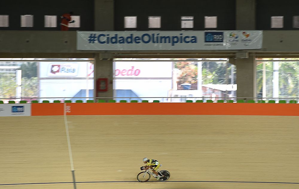 Cyclists make a test during the inauguration of the Velodrome of the Olympic Park, in Rio de Janeiro