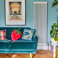 Blue living room with a blue sofa and cushions, and a white vertical radiator on the wall