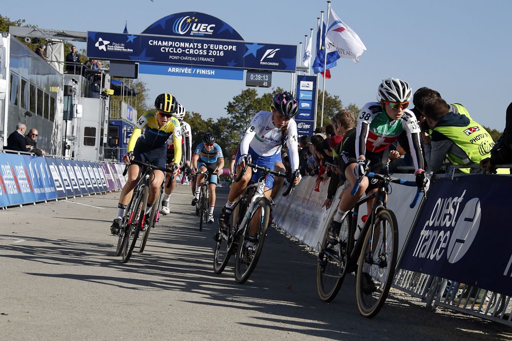Sweden's Ida Jansson leads a group through the start/finish.