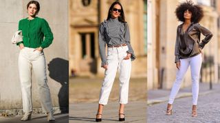 composite of three street style shots of women in white jeans