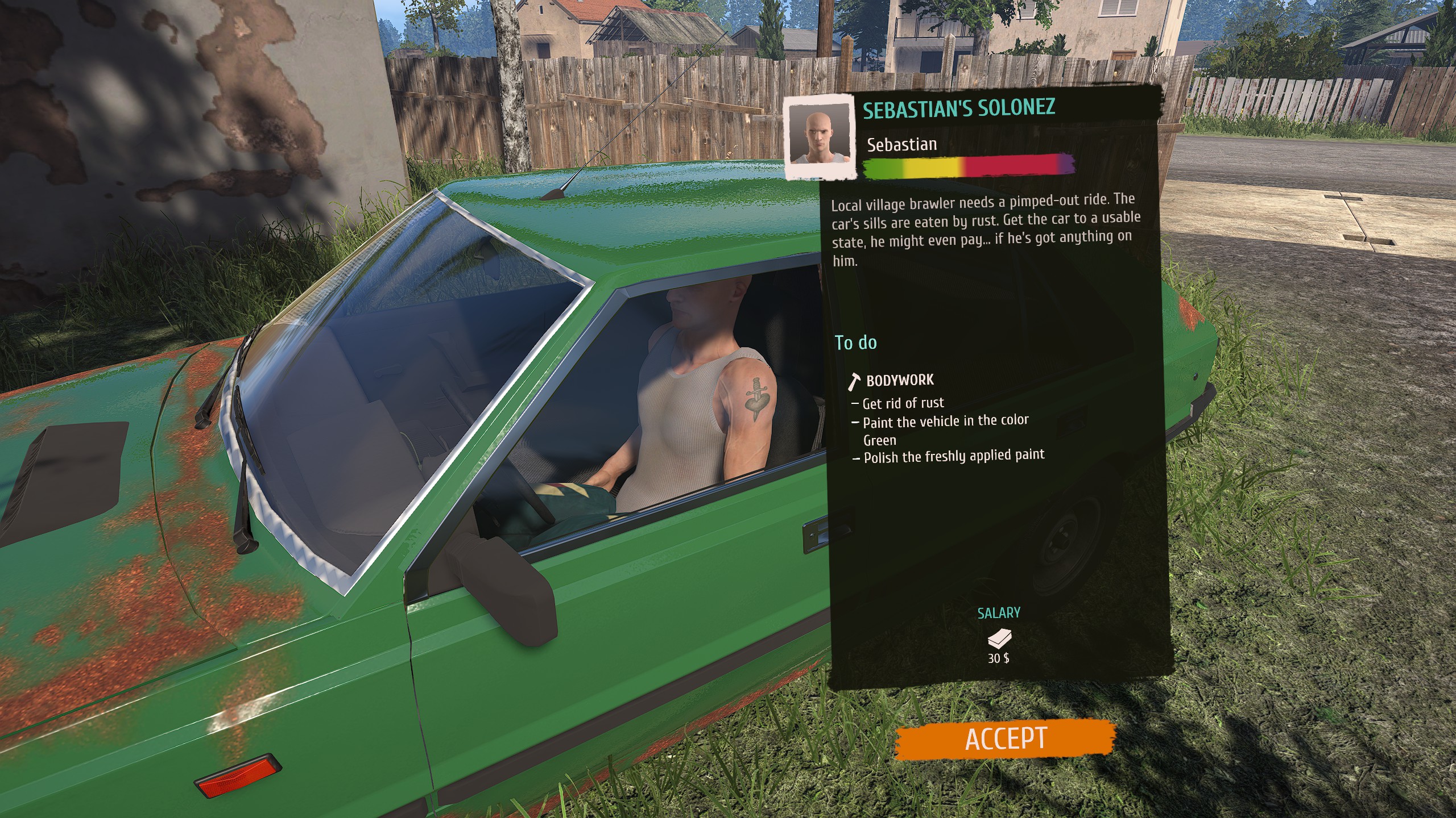 A bald thug tasks you with restoring his car.