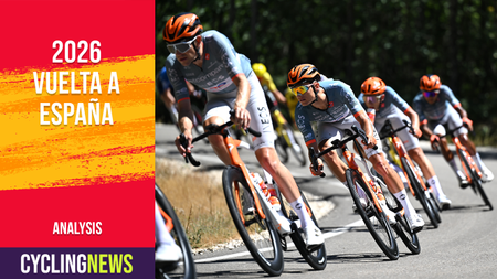 Oscar Onley in a race, overlaid with Vuelta a Espana banner
