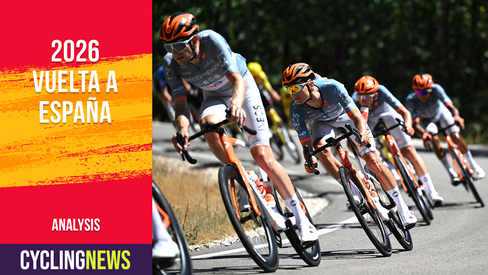 Oscar Onley in a race, overlaid with Vuelta a Espana banner