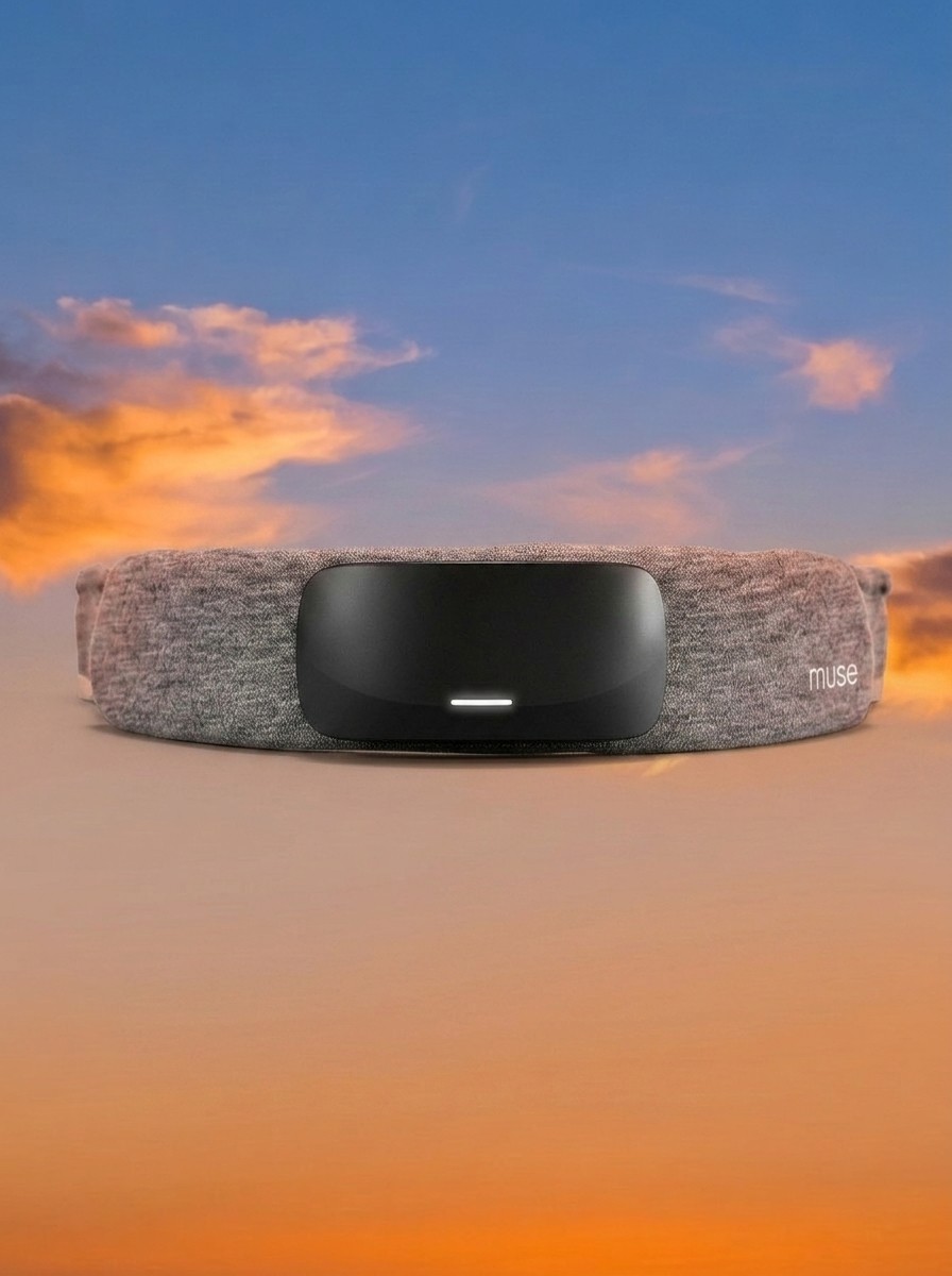 The Muse S Athena sleep headband against a background of a dark sky edited by Gemini
