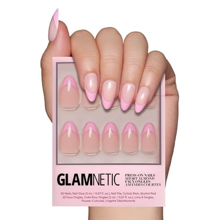Glamnetic Press-On Nails – Pink Macaron | Pink French Tip Short Nails, Reusable, 30 Count
