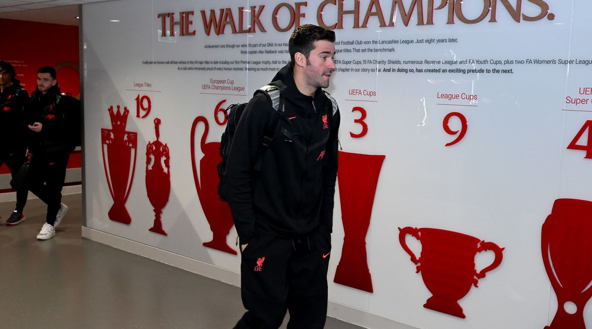 Liverpool goalkeeper Alisson arrives ahead of the Premier League match between Liverpool and Southampton on 12 November, 2022 at Anfield, Liverpool, United Kingdom