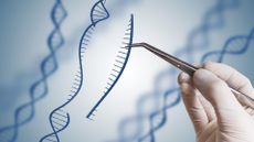 close-up of a gloved hand using tweezers to pull genetic material from a suspended DNA molecule