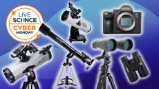 telescopes, binoculars and a camera on a blue background