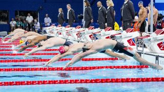 various male swimmers spring off the side of the pool to begin a race.