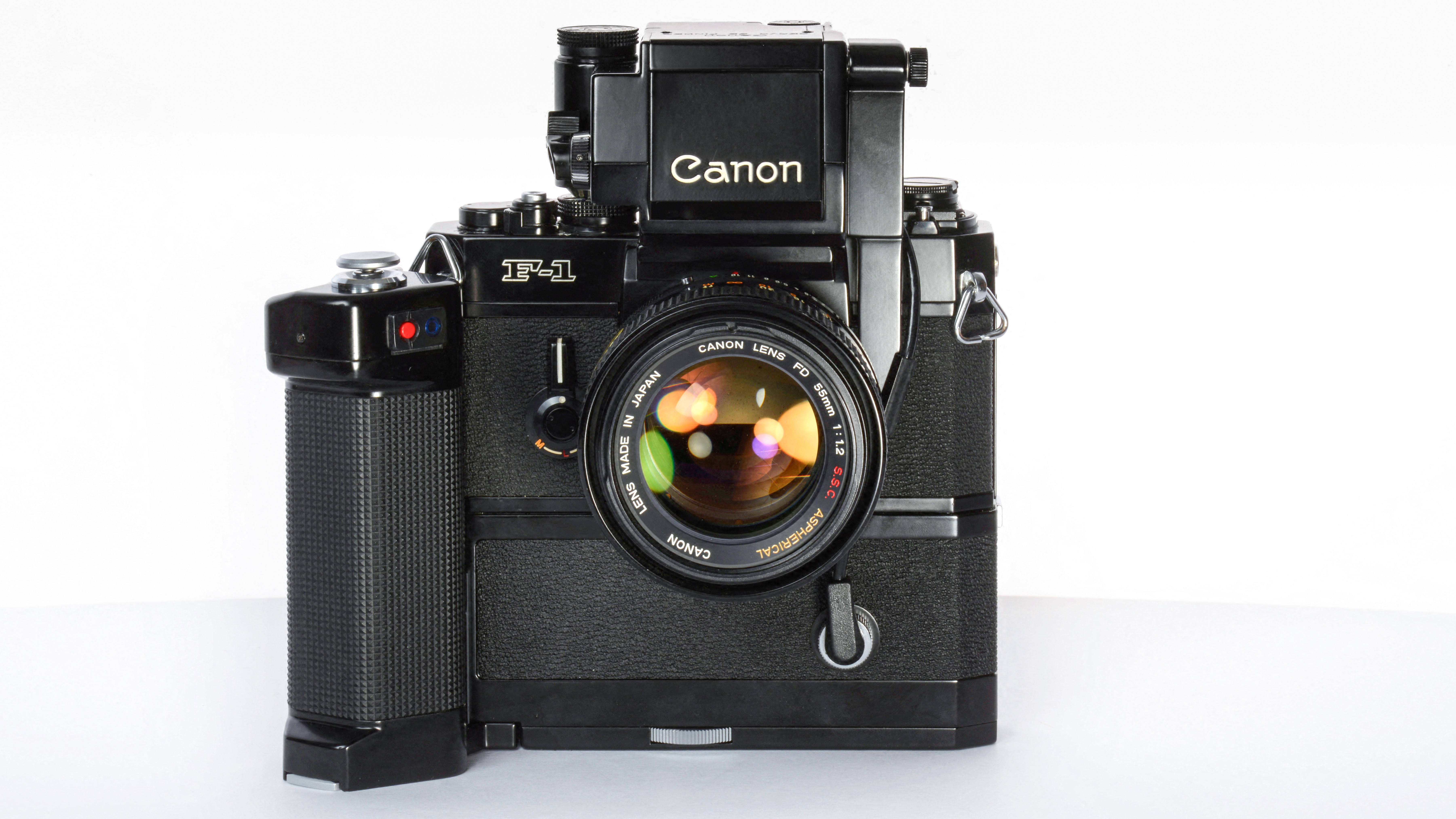 Canon F-1, 1970 model with a Servo EE Viewfinder, a Motor Drive MF and an FD 55mm f/1.2 S.S.C