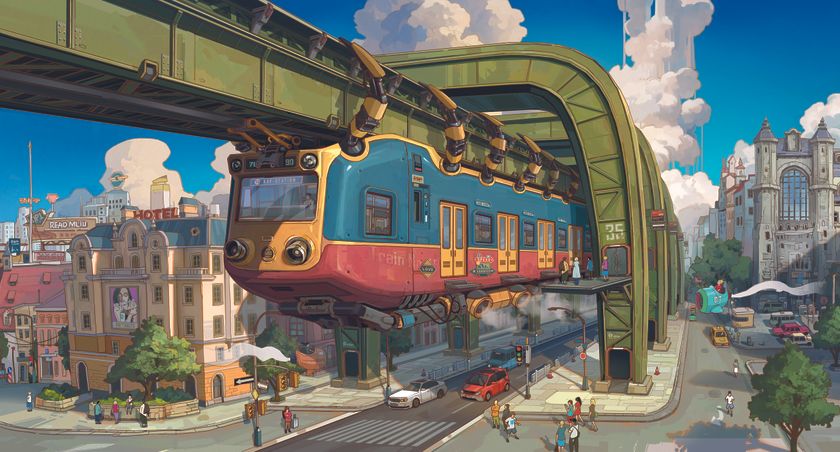 Concept art showing a retrofuturistic urban scene with a hanging monotrail