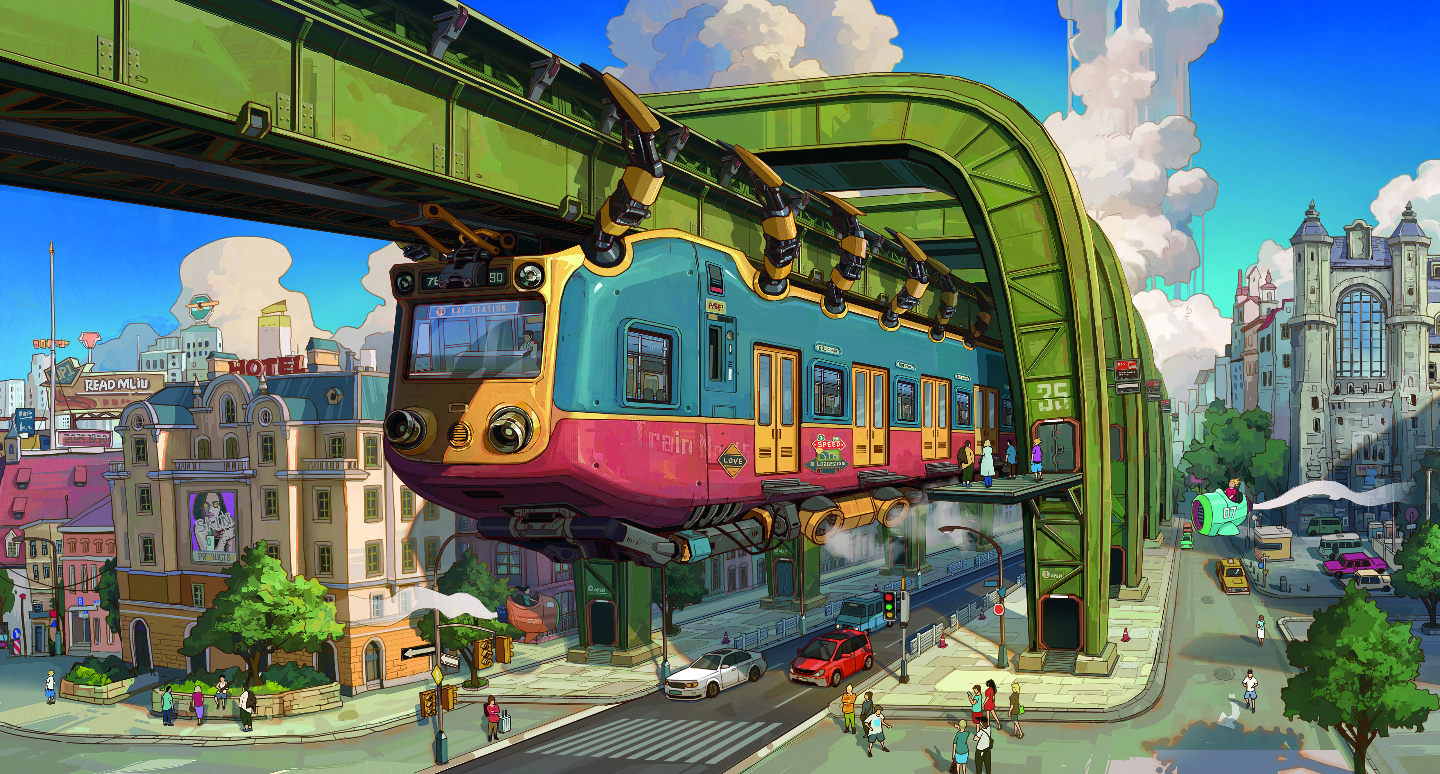 Concept art showing a retrofuturistic urban scene with a hanging monotrail