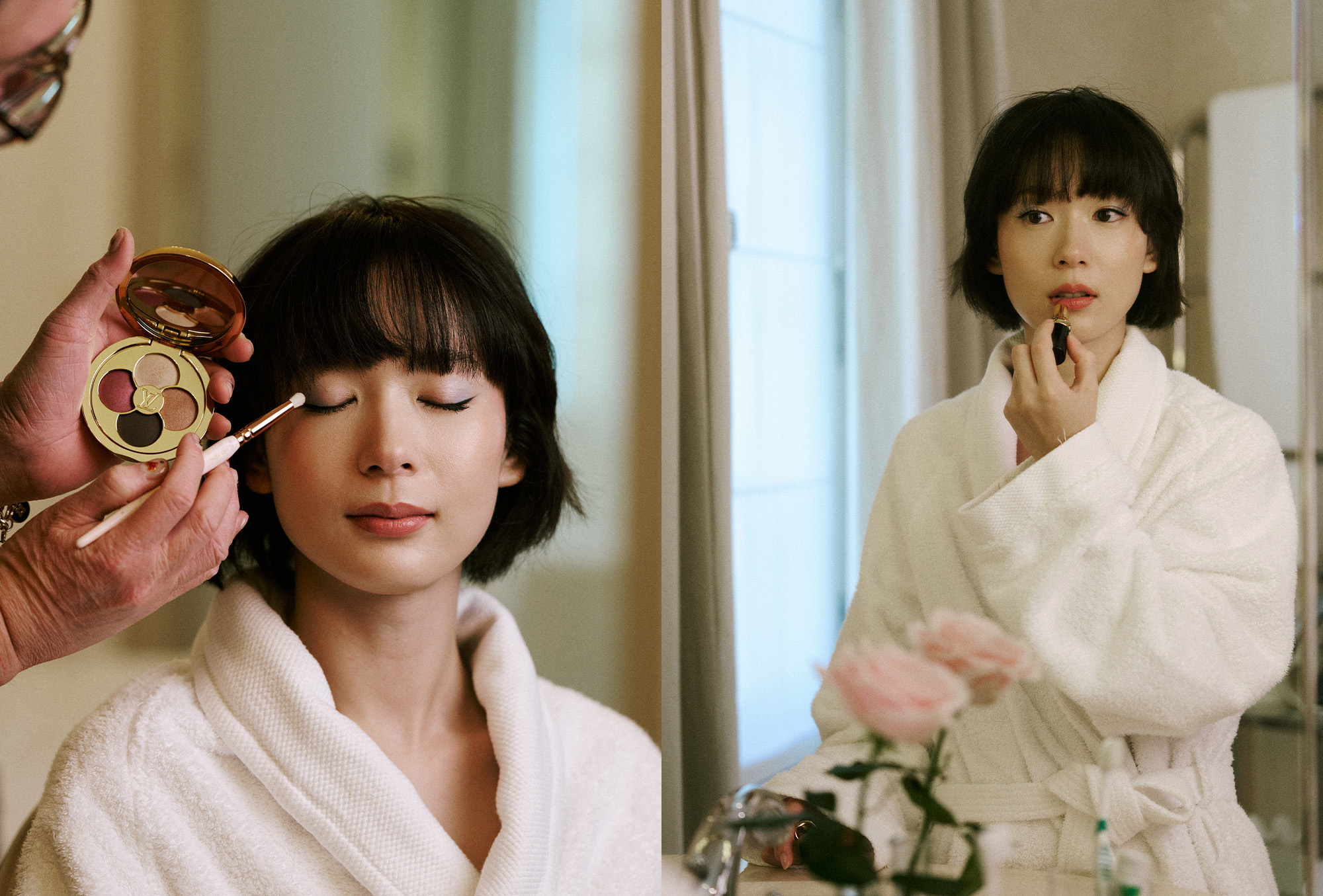 Moeka Hoshi Paris Fashion Week photo diary for the Louis Vuitton Spring 2026 show. Left: Moeka gets final touches to eye makeup using a Louis Vuitton eye shadow palette. Right: Moeka is applying lipstick in the mirror while wearing a white robe.
