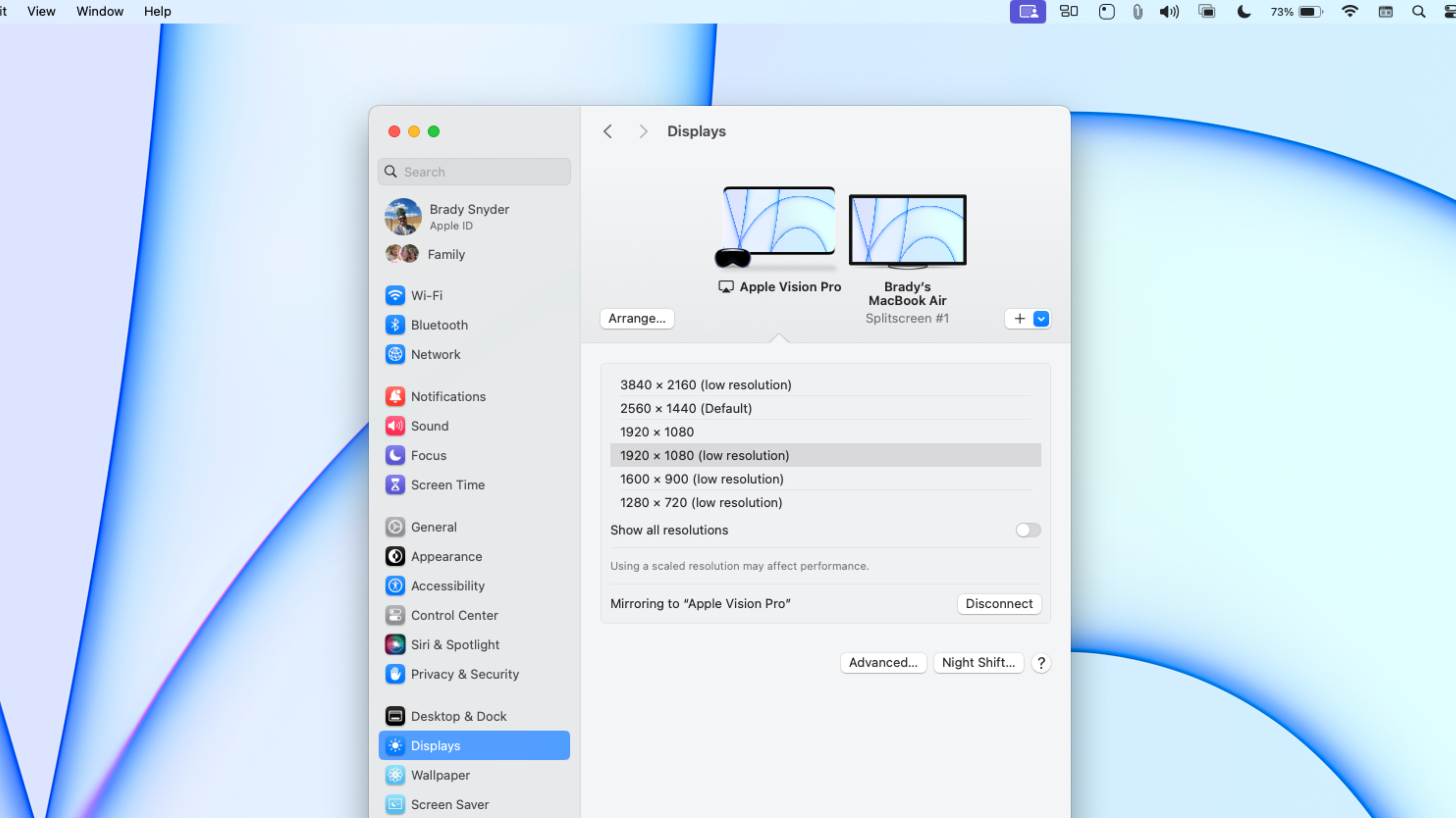 The macOS display settings in macOS.