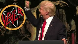 Donald Trump with the Slayer logo