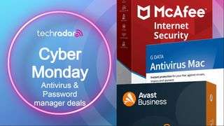 Cyber Monday text next to a boxed antivirus software product