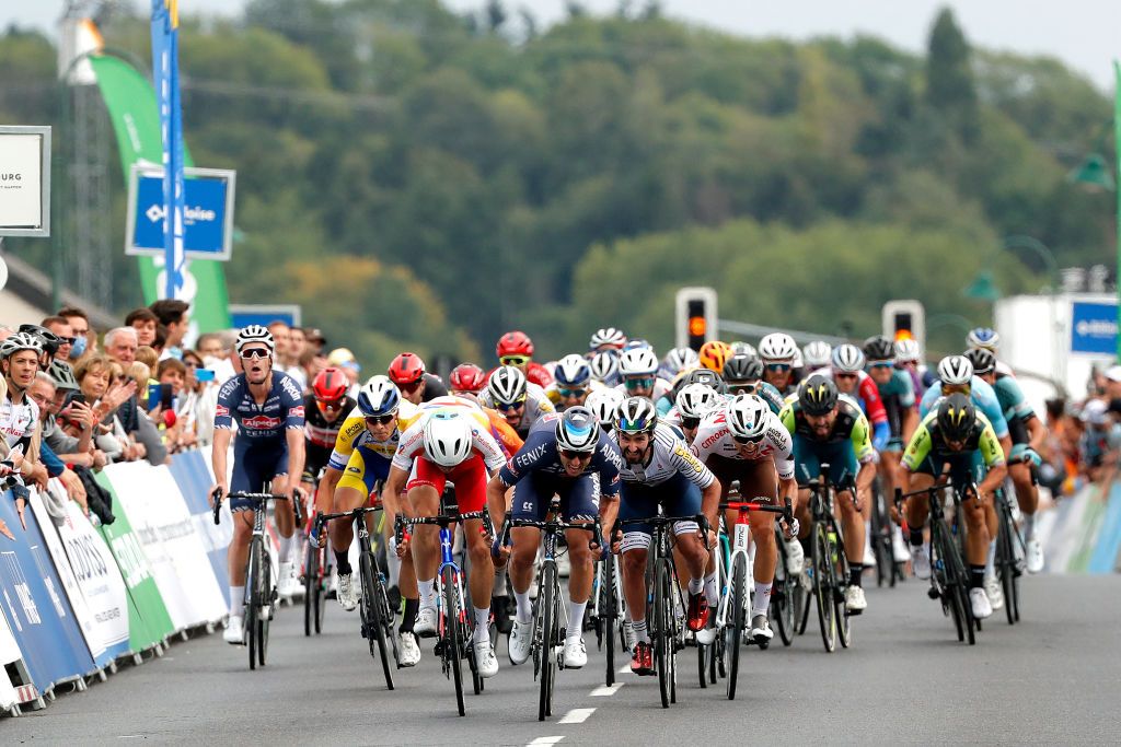 MAMER LUXEMBOURG SEPTEMBER 16 LR Arne Marit of Belgium and Team Sport Vlaanderen Baloise Sacha Modolo of Italy and Team AlpecinFenix Edvald Boasson Hagen of Norway and Team Total Energies Eduard Michael Grosu of Romania and Team Delko and Andrea Vendrame of Italy and AG2R Citren Team sprint at finish line during the 81st SkodaTour De Luxembourg 2021 Stage 3 a 1893km stage from MondorfLesBains to Mamer 300m skodatour skodatour on September 16 2021 in Mamer Luxembourg Photo by Bas CzerwinskiGetty Images