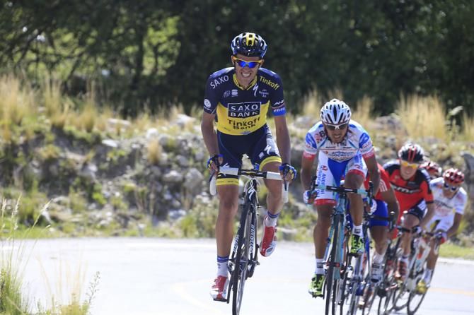 Alberto Contador applies pressure to the chasing bunch