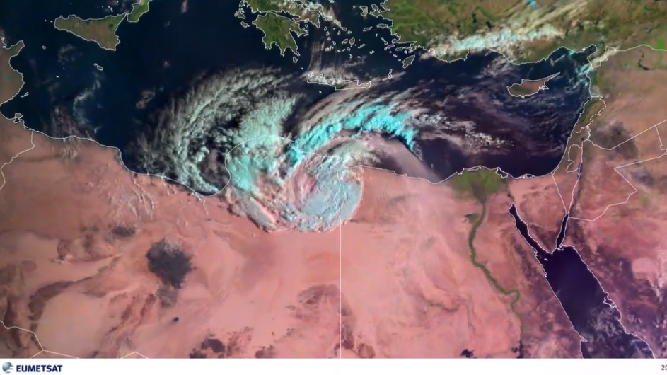 Satellites watch Mediterranean hurricane Daniel swirl over the Sahara