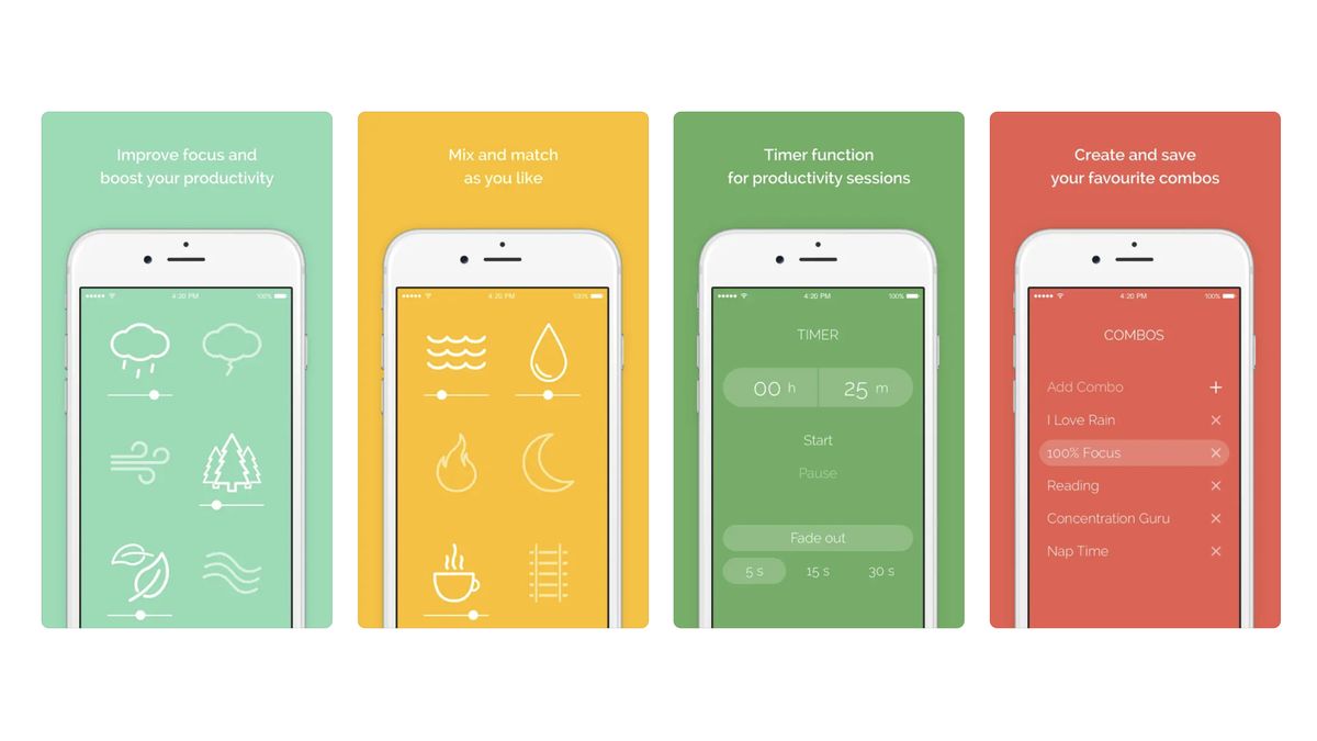 Screenshots of the Noisli app from the Apple App Store.