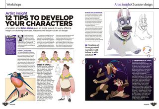 Double-page spread of a workshop from ImagineFX 244 with the heading '12 tips to develop your characters', selection of concepts of birds, dogs and figures by the artist Brian Weisz.