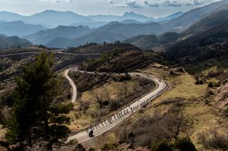LA MOLINA SPAIN MARCH 22 A general view of the peloton climbing up the Coll de la Creueta 1922m during the stage 3 of the 102nd Volta Ciclista a Catalunya 2023 on March 22 2023 in La Molina Spain Photo by David RamosGetty Images