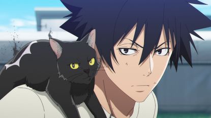 Jiro and a black cat on his right shoulder