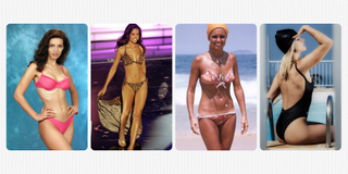 Collage of several vintage Latina models and celebrities wearing bikinis.