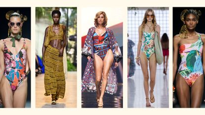 5 swimwear models on the runway from Dolores Cortes, Elie Saab, Moda Calida and Chloe