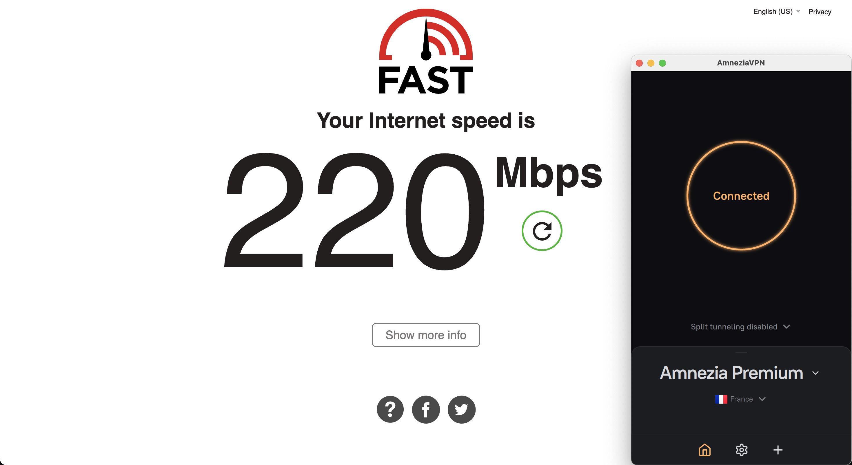 Screenshot of Amnezia VPN Premium speed test (March 2026)
