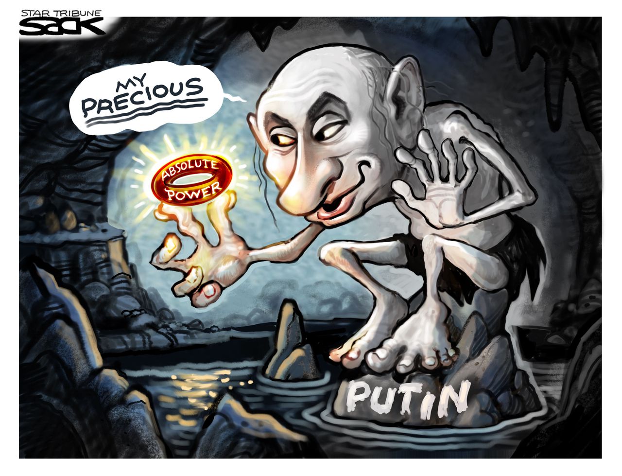 Political Cartoon World Putin Russia Lord of the Rings gollum power grab authoritarian