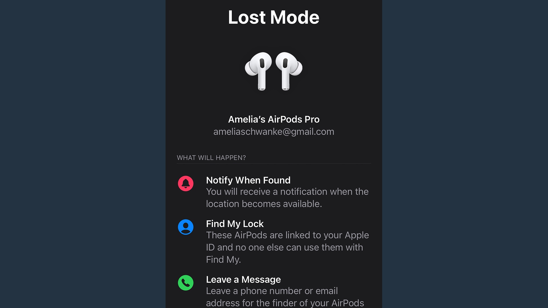 Screenshot of Lost Mode screen in iPhone Settings