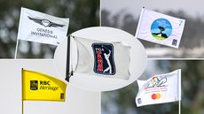 (top left) Genesis Invitational flag, (top right) Pebble Beach Pro-Am flag, (bottom left) RBC Heritage flag, (bottom right) Arnold Palmer Invitational flag, (middle) PGA Tour flag