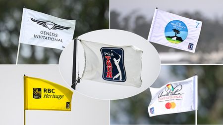 (top left) Genesis Invitational flag, (top right) Pebble Beach Pro-Am flag, (bottom left) RBC Heritage flag, (bottom right) Arnold Palmer Invitational flag, (middle) PGA Tour flag