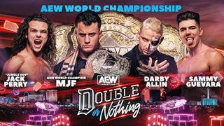 (L to R) "Jungle Boy" Jack Perry, MJF, Darby Allin and Sammy Guevara in the AEW World Championship match graphic for AEW Double or Nothing 2023