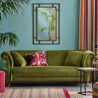 Maya Scroll Sofa in Forest Green Chartreuse Velvet in Green Living Room
